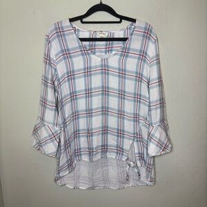NWT Tribal Jeans Blue and Red Plaid Puff Sleeve Blouse Size Medium